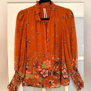 Anthropologie Rust Brown Floral Chiffon Long Sleeve Blouse